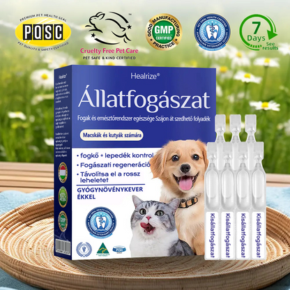 🎁🐶🐱[🇭🇺 Hivatalos Áruház] Healrize® Állati Fogászati és Emésztési Egészséget Támogató Orális Folyadék – Friss lehelet, fogkő eltávolítása és ínyregeneráció támogatása, a fogak stabilizálása (macskáknak és kutyáknak) – Ma 70% kedvezmény!